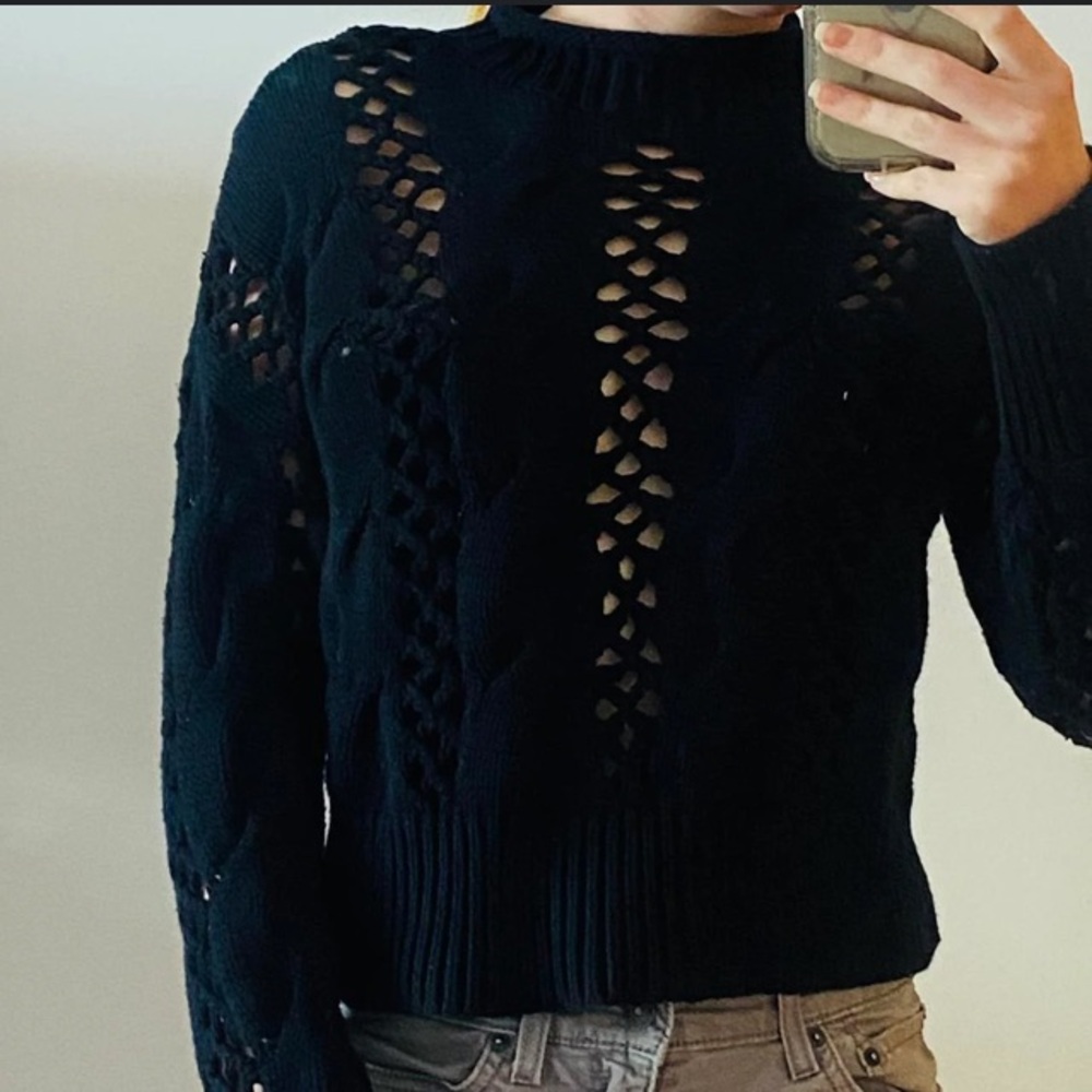 EXPRESS Black Cable Oversized Holes Crochet Crop Sweater | XS